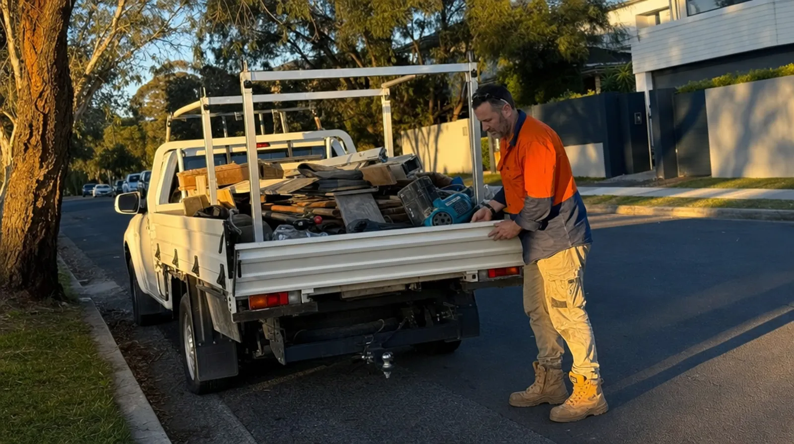 Tradesman packing up his ute at the end of a job at golden hour