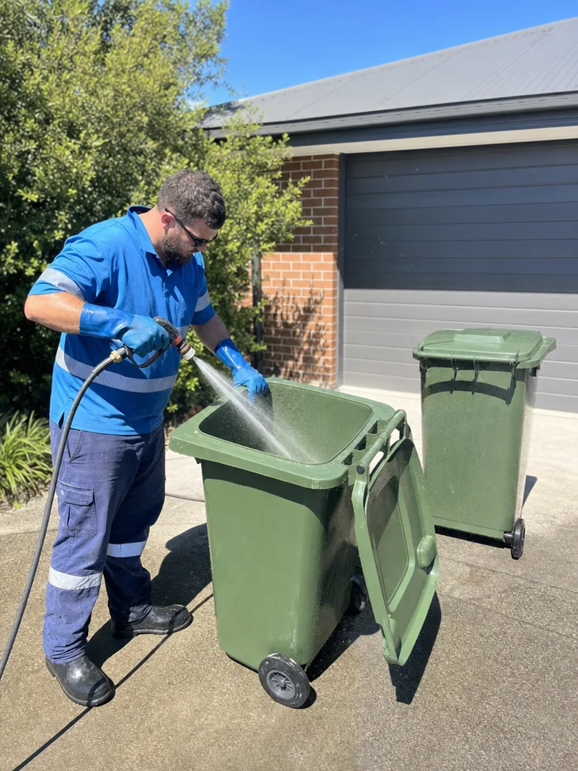 Bin cleaner pressure washing a wheelie bin
