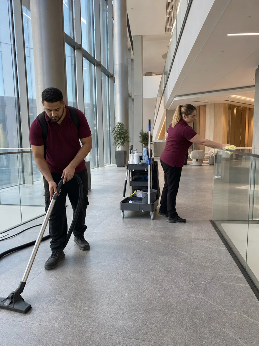 Commercial cleaning duo working through an office lobby