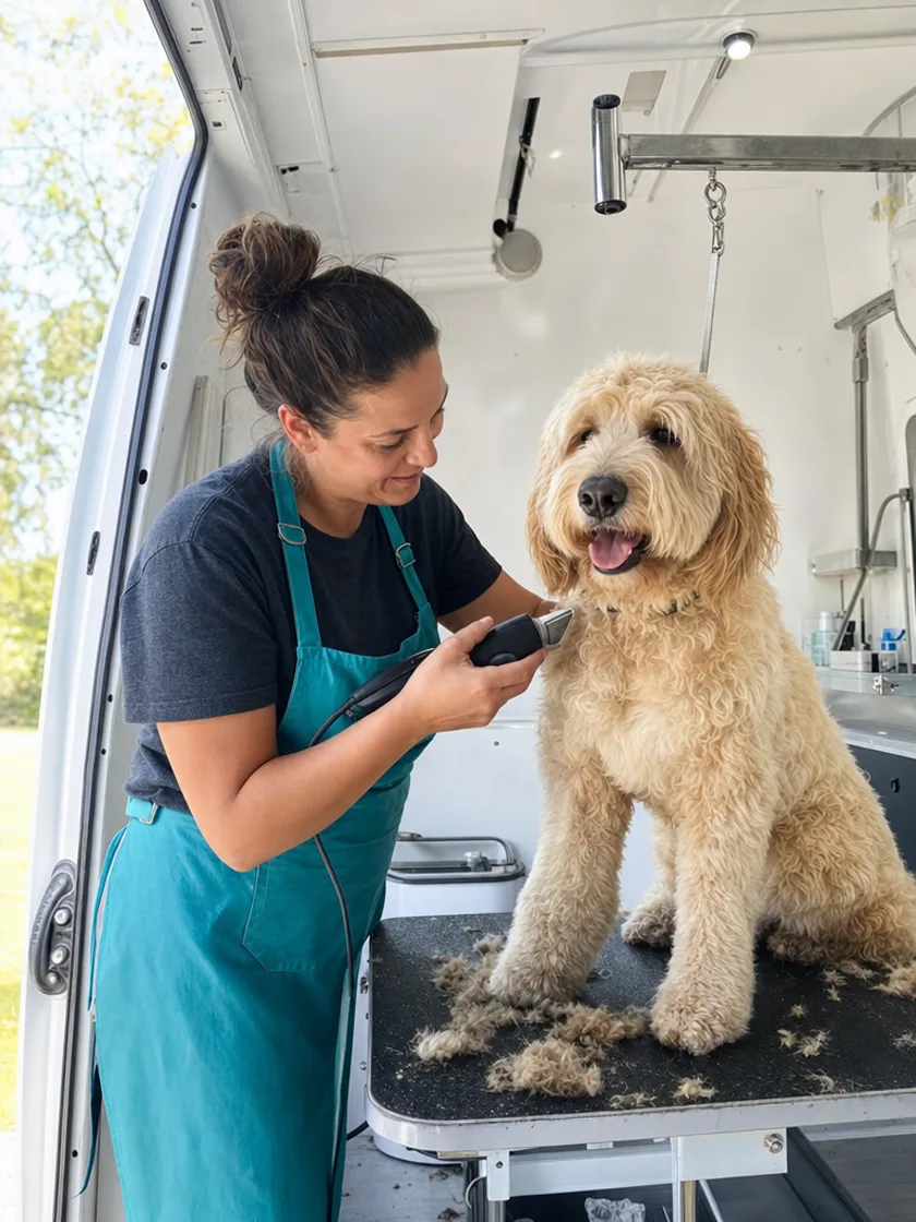 Dog groomer trimming a dog's coat at a grooming table