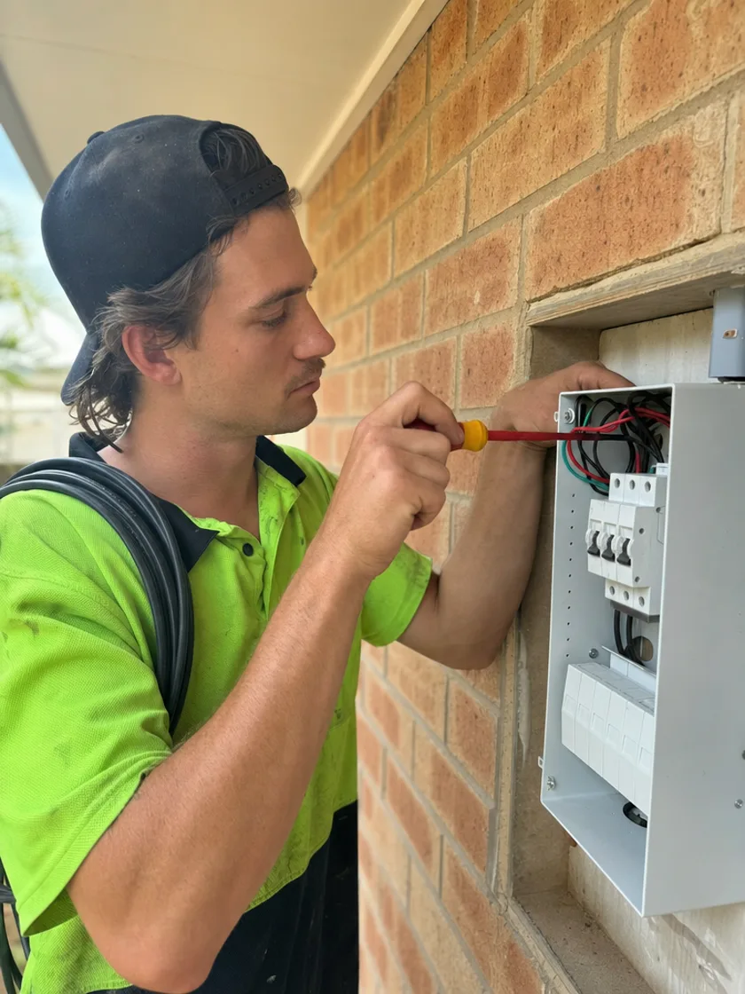 Electrician working on a switchboard mounted to a brick wall