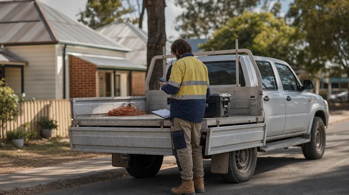 Australian tradesperson in hi-vis checking a phone at the tailgate of a ute on a suburban street