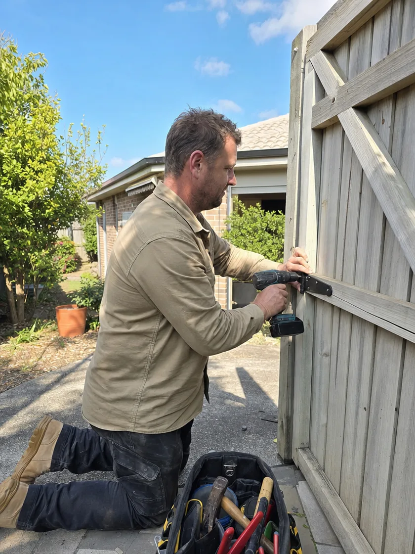 Handyman kneeling at a timber gate, fixing a hinge with a drill