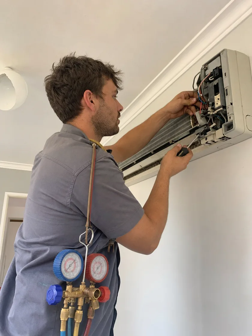 HVAC technician servicing an air conditioning unit on site