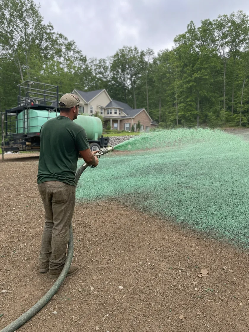 Hydroseeding contractor spraying a new lawn