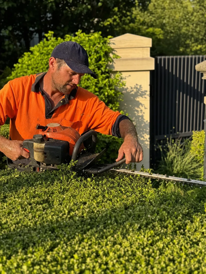 Landscaper trimming a hedge on site