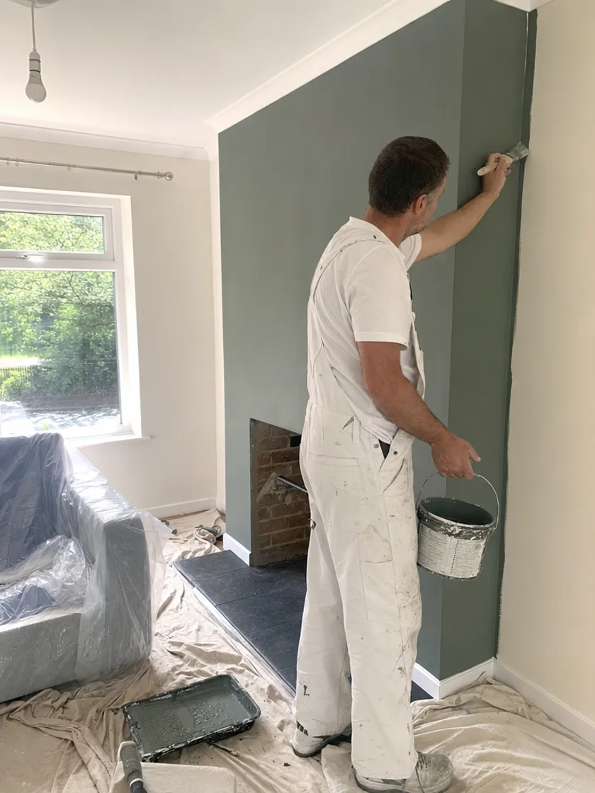 Painter rolling fresh paint onto an interior wall
