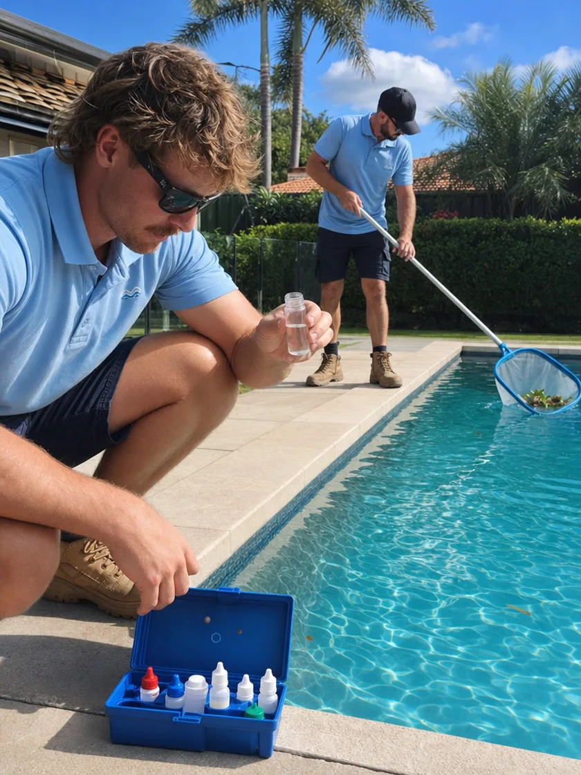 Two pool technicians testing water at a backyard pool