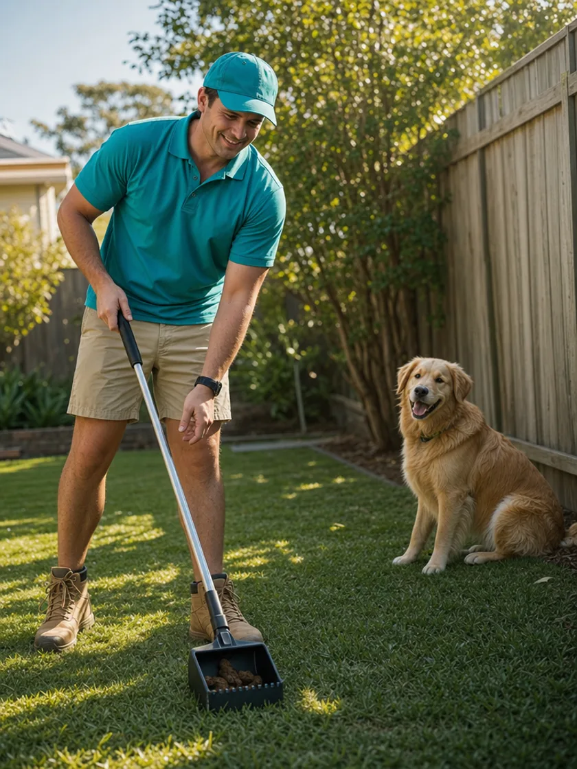 Yard care worker with a golden retriever