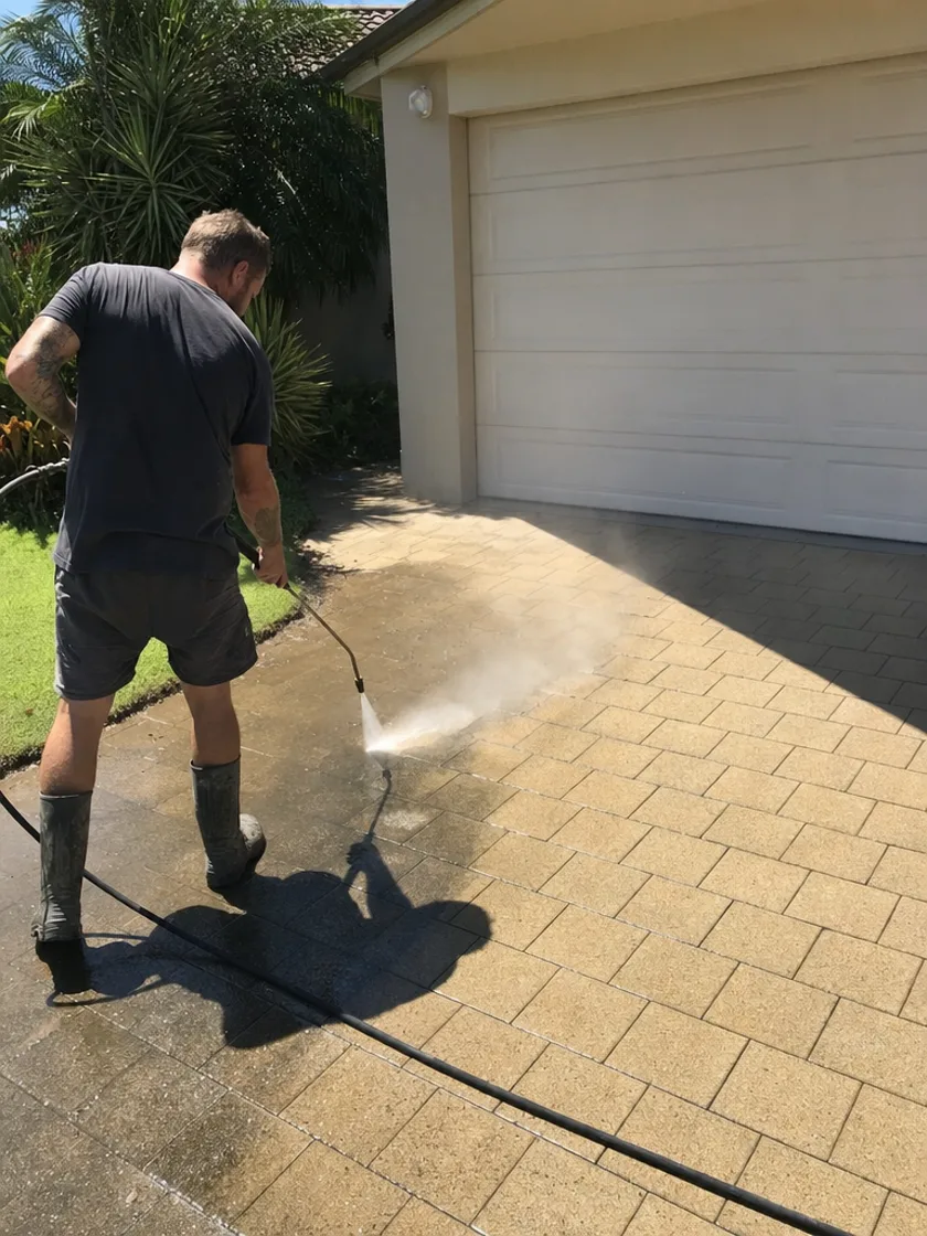 Pressure washing a driveway, half clean half dirty