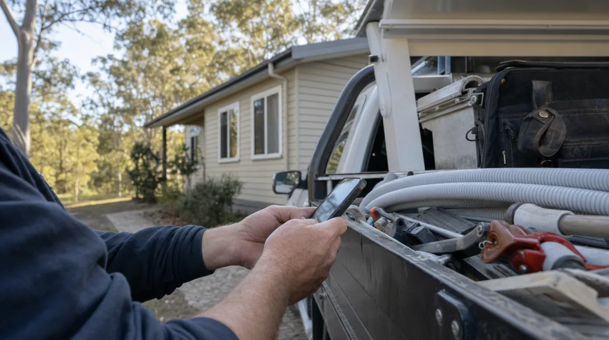 A tradesperson's hands holding a phone beside the tray of a ute in an Australian suburban driveway
