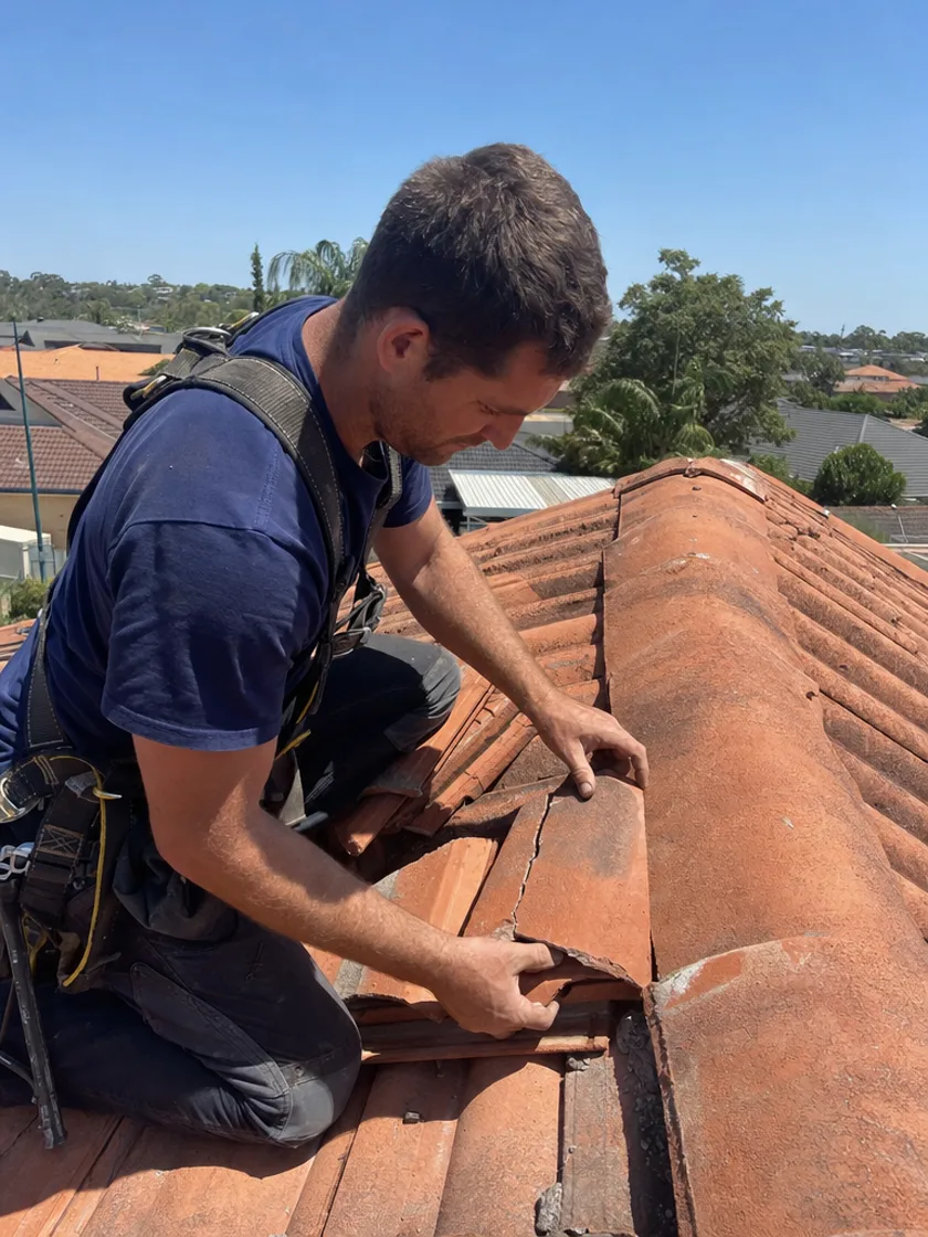 Roofer working on the sheeting of a pitched roof