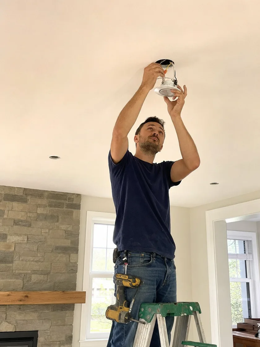 Electrician installing downlights from a ladder