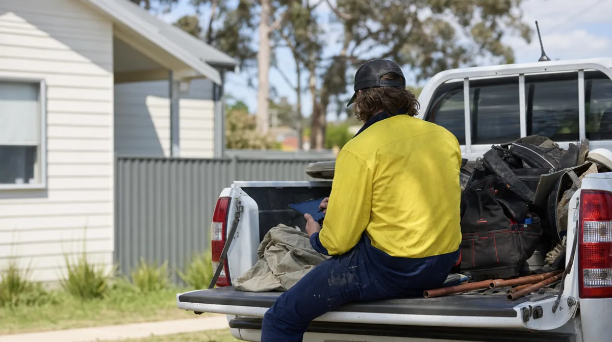 An Australian tradesperson in hi-vis sitting on a ute tailgate doing invoice paperwork on a tablet after a job.