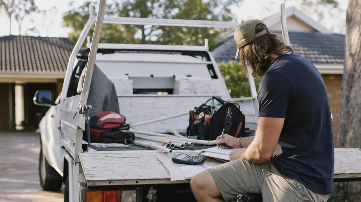 An Australian tradesperson working out an hourly charge-out rate on a clipboard on the tailgate of a work ute in a suburban driveway.