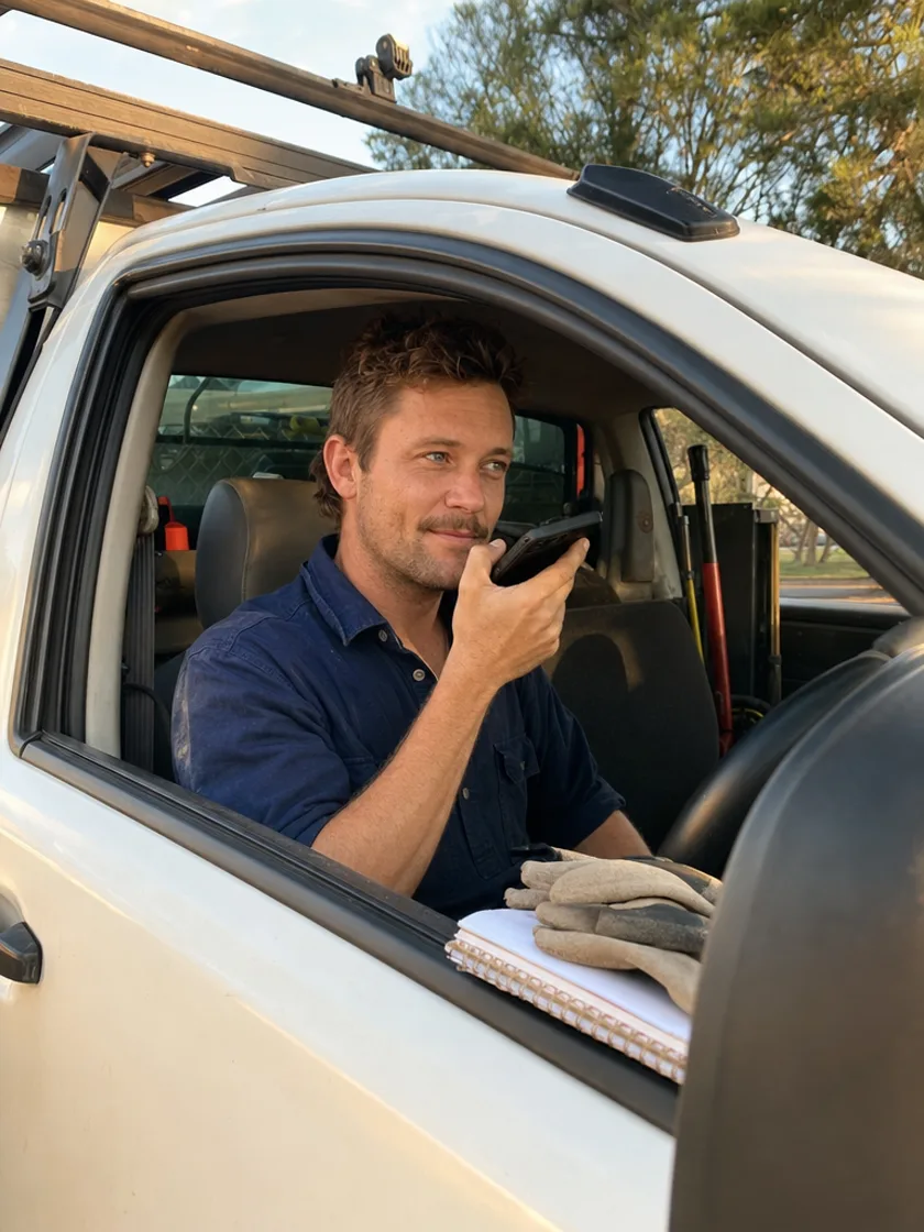 Tradie in the cab of his ute speaking a voice note into his phone