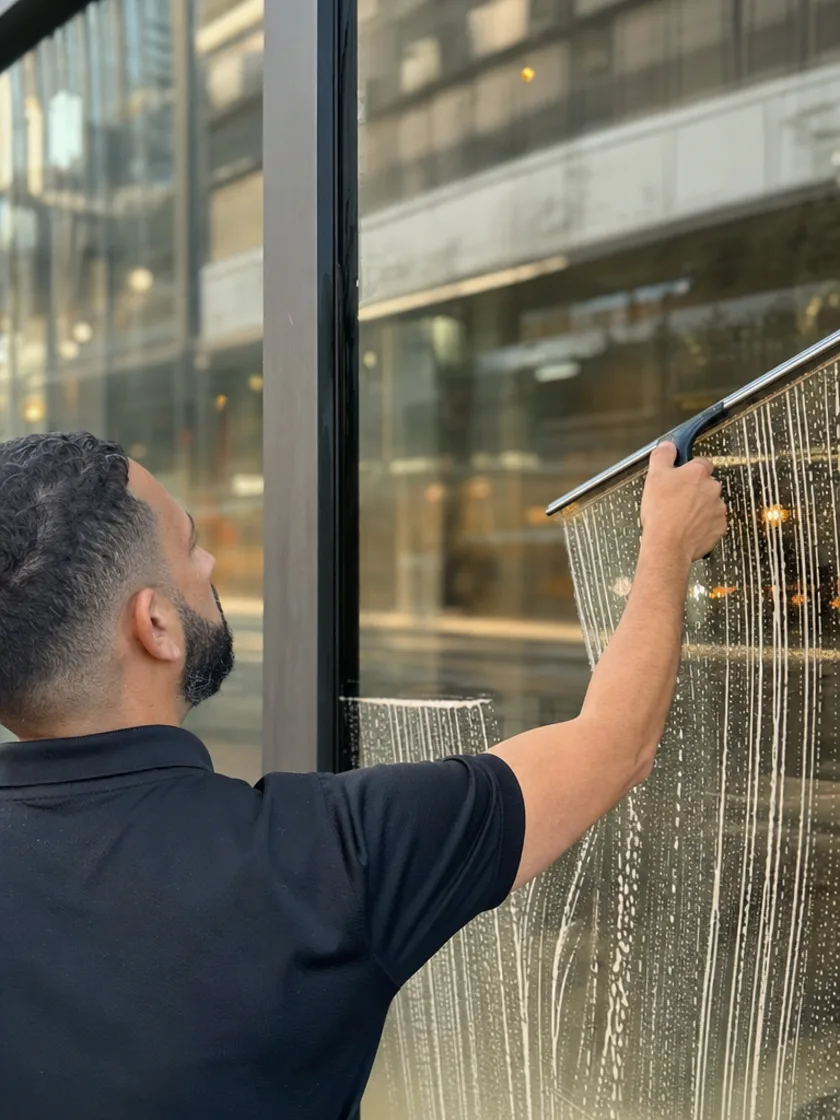 Window cleaner squeegeeing a cafe shopfront