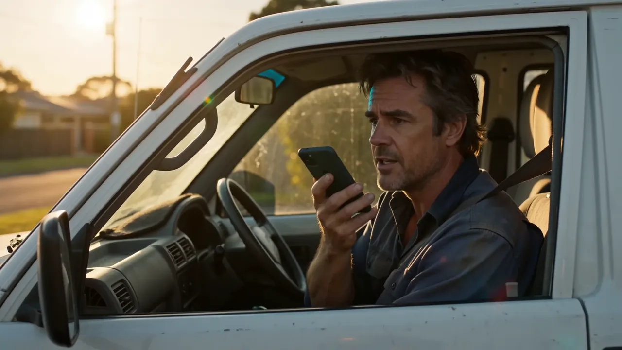 Tradesman speaking a quote into his phone from the ute